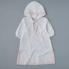 2153  Крестильная рубашка с капюшоном хлопковая вуаль №4 белый с розовым кружевом
