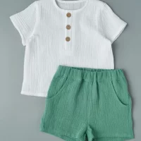 10264 Рубашка + шорты муслин белый+зеленый NEW