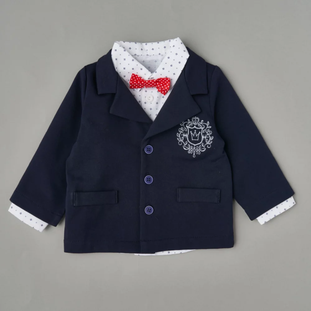 601243 Комплект для мальчика пиджак, брюки, рубашка т.синий+крестики на белом